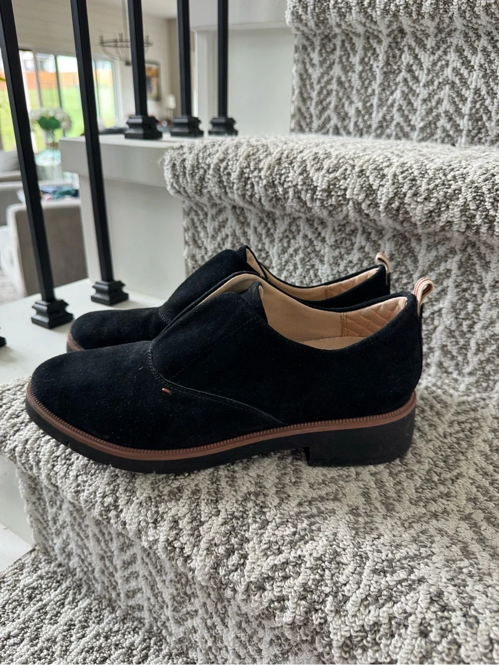 Dr School’s Black Suede Slip-On Loafers with Brown Welt Trim
